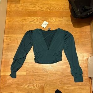 Forest Green deep v long sleeve blouse crop top